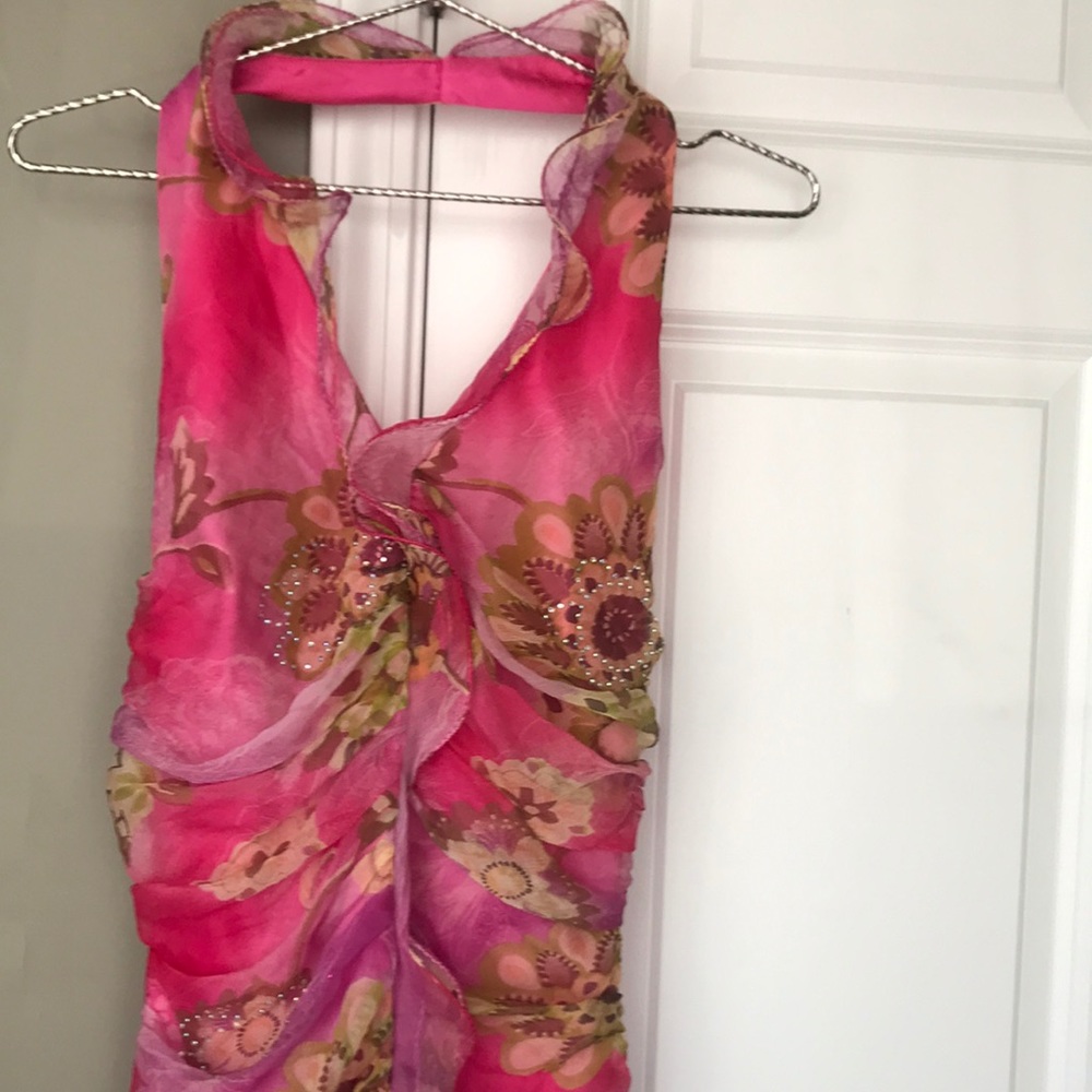 Backless Halter Floral Dress - Pink